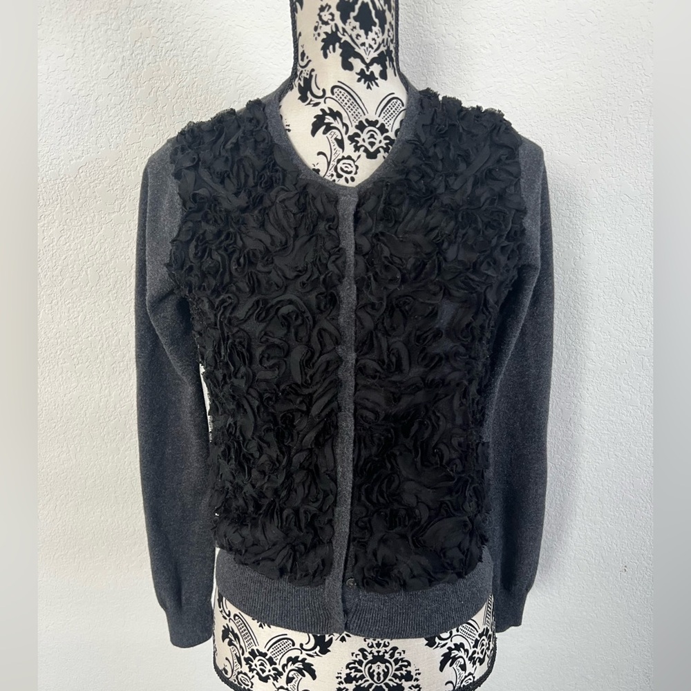 LOFT Gray Cardigan Sweater Black Rosette Textured Front Button Up Size M